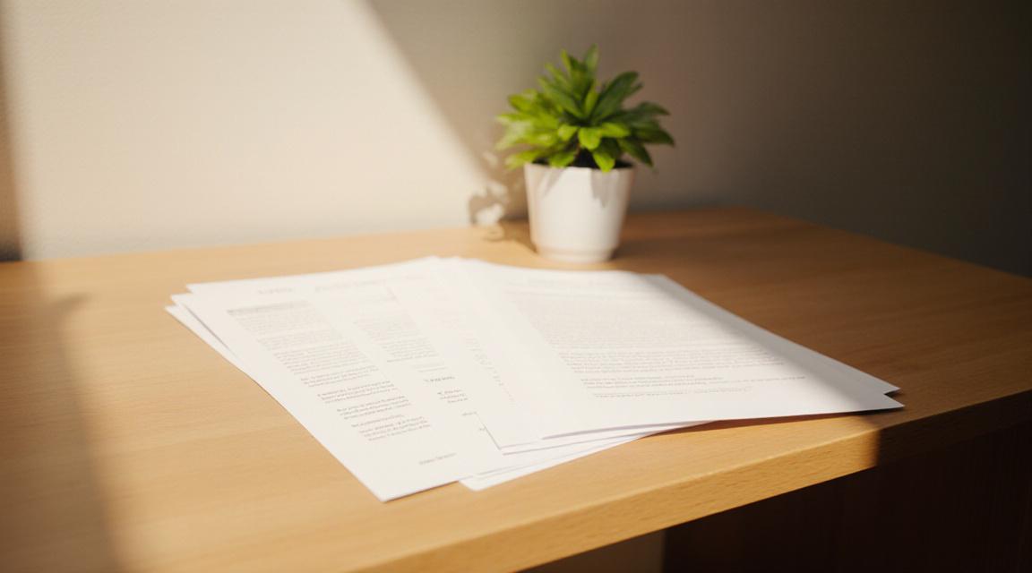 Stapel documenten op een houten tafel met een kleine groene plant
